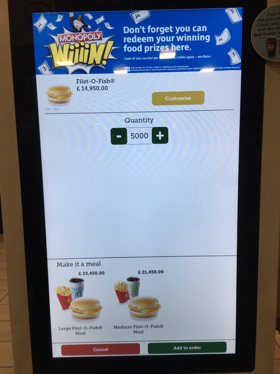 king_gorack's tweet photo. Hi @McDonaldsUK. What is the highest number of an item you can order on your self service machines? I’m over 5000 Filet-O-Fish and it keeps going. My arms are starting to ache but I’ve started so want to finish. https://t.co/F1BNFl4DVH