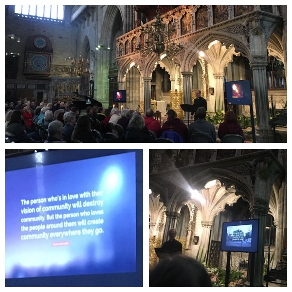 ChantalMMason's tweet photo. @holygroundexe @ExeterCathedral tonight on new monasticism: ‘The person who’s in love with the vision of community will destroy it, but the one who loves people will create community everywhere they go’ @walkextramile St Peter’s Foundation #Salcombe @CofEDevon https://t.co/ATQPCetnal