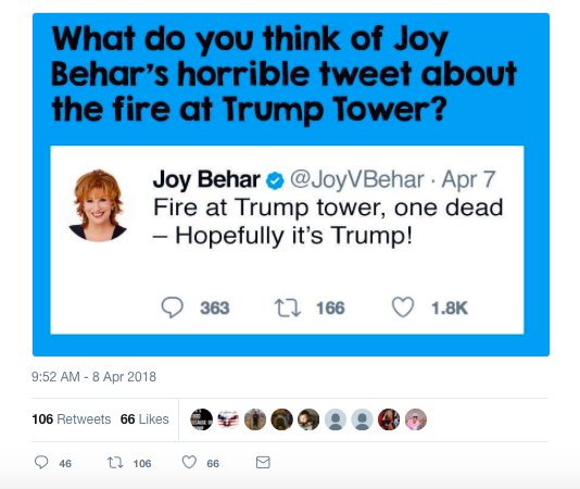gossip cop on twitter tweet claiming joyvbehar wished president died in trump tower fire is fake https t co oot7zyb2lt theview twitter