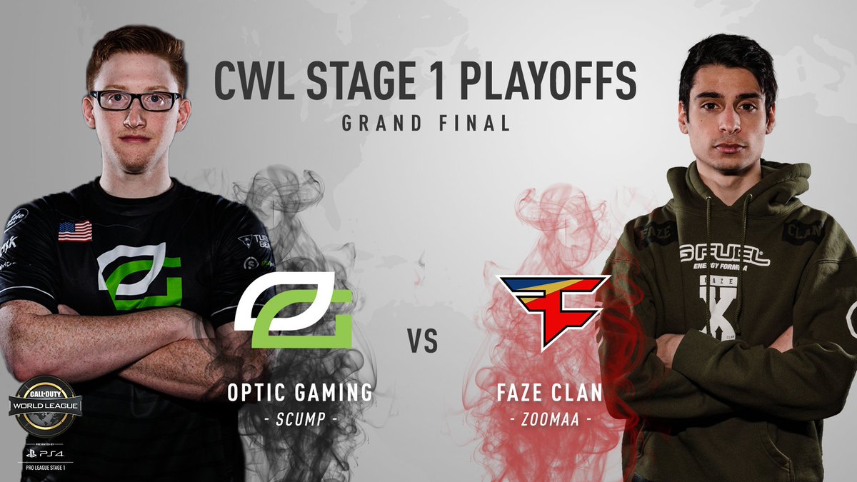 CallofDuty's tweet photo. Grand Final now live at the @CODWorldLeague Stage 1 Playoffs: @OpTicGaming vs @FaZeClan
https://t.co/pqo4pLRrqo #CODWWII https://t.co/hv9sFBAou0