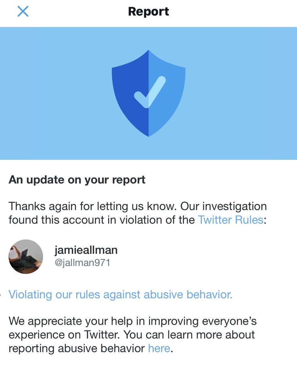 heartfulmom's tweet photo. @staceynewman @971FMTalk REPORT Abusive Accounts - It works!
(Just Blocking does nothing)
Allman’s advertisers - FYI👇
@Twitter found Jamie Allman’s account in Violation of Twitter Rules.
#BoycottJamieAllman #BoycottAllman https://t.co/HoBwggf2Rp