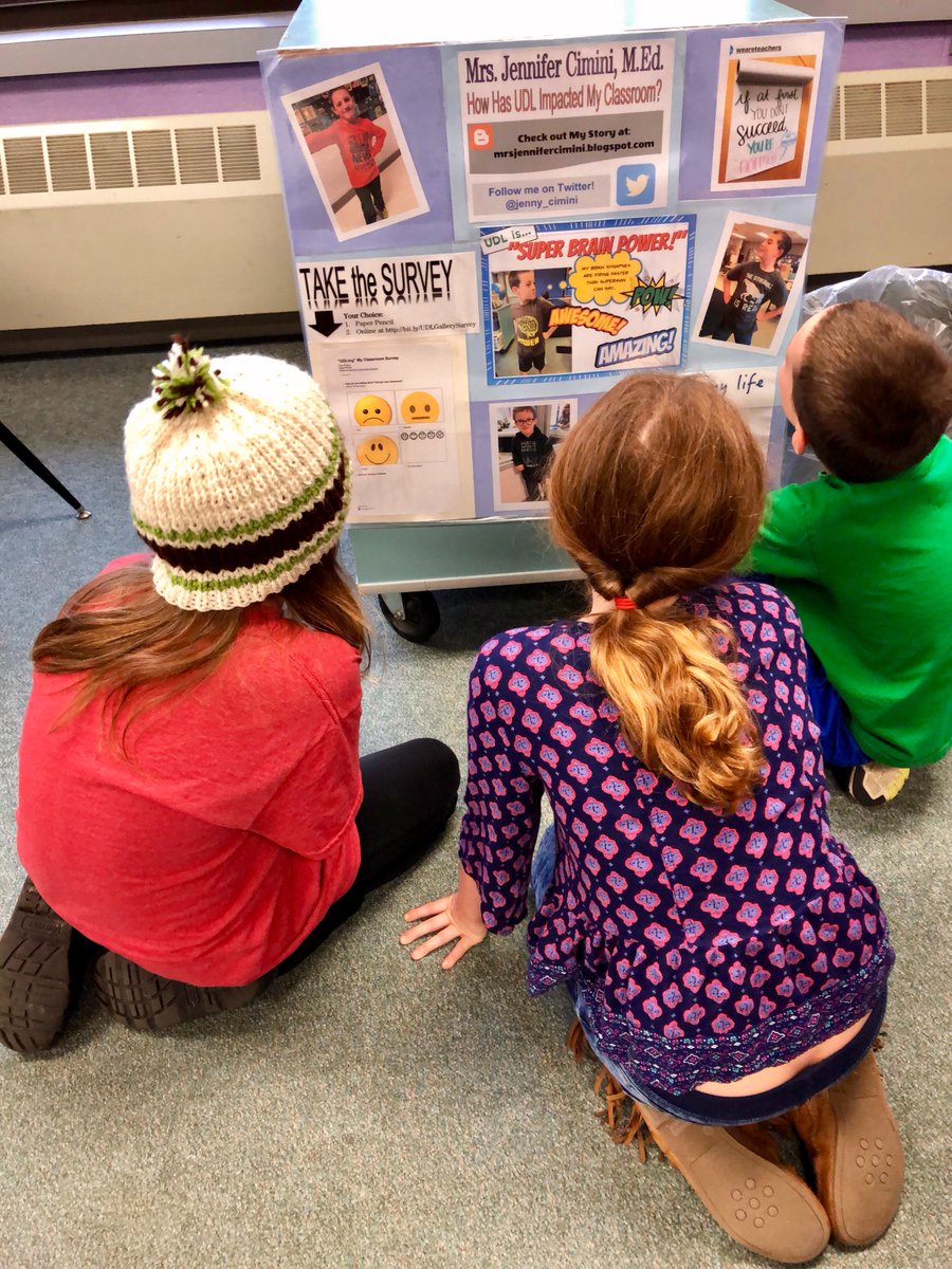 mrs_cimini's tweet photo. @KatieNovakUDL My kiddos admiring their teachers #udl project… What better place to hang my poster than in our classroom! The student in the top left pic noticed himself and I quote, "I've never been on anything in this school..." His SMILE... HUGE! #cbrsd #StudentSelfReflection https://t.co/gtKL2Zlqjp