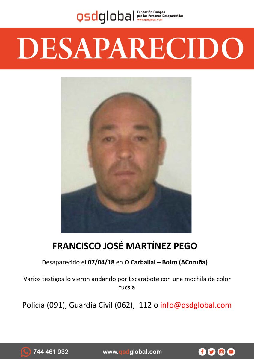 guardiacivil's tweet photo. 🆘#URGENTE🔴 
Este es Francisco José, y ha #desaparecido en Boiro #ACoruña
Si lo ves llama:
☎062
☎091
☎112
Colabora, tu RT no cuesta nada y es muy importante. https://t.co/fpj4ak62Mb