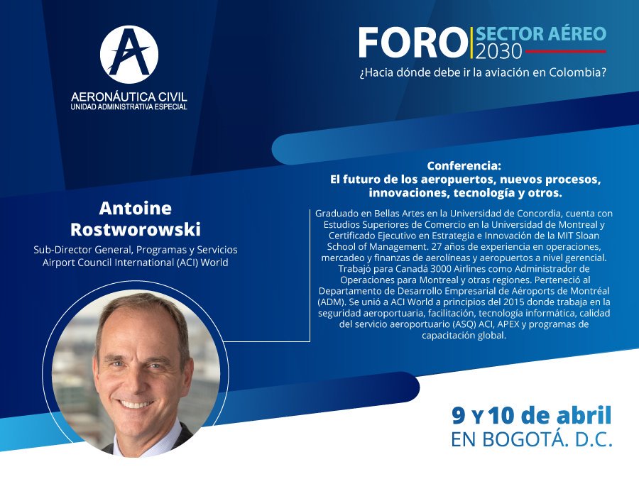 AerocivilCol's tweet photo. Seis ejes temáticos, expertos internacionales en la industria aeronáutica y un equipo de trabajo conocedor del sector, se darán cita este lunes 9 y martes 10 de abril en el FORO Sector Aéreo 2030. https://t.co/eokzE3aDtT https://t.co/qgJM3750BL