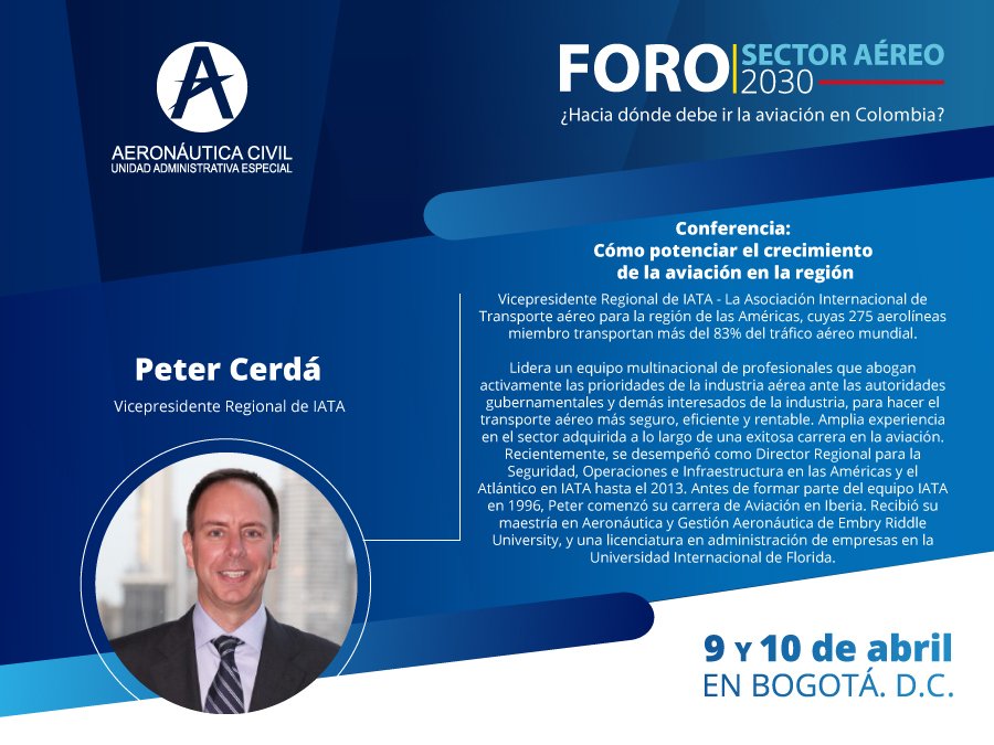 AerocivilCol's tweet photo. Seis ejes temáticos, expertos internacionales en la industria aeronáutica y un equipo de trabajo conocedor del sector, se darán cita este lunes 9 y martes 10 de abril en el FORO Sector Aéreo 2030. https://t.co/eokzE3aDtT https://t.co/qgJM3750BL