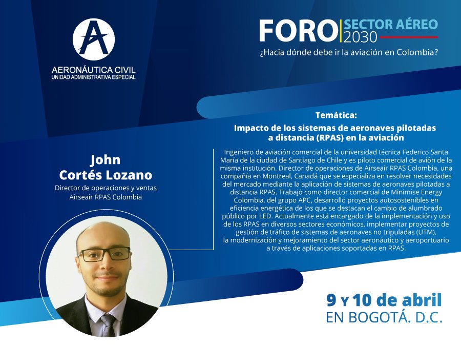 AerocivilCol's tweet photo. Seis ejes temáticos, expertos internacionales en la industria aeronáutica y un equipo de trabajo conocedor del sector, se darán cita este lunes 9 y martes 10 de abril en el FORO Sector Aéreo 2030. https://t.co/eokzE3aDtT https://t.co/qgJM3750BL