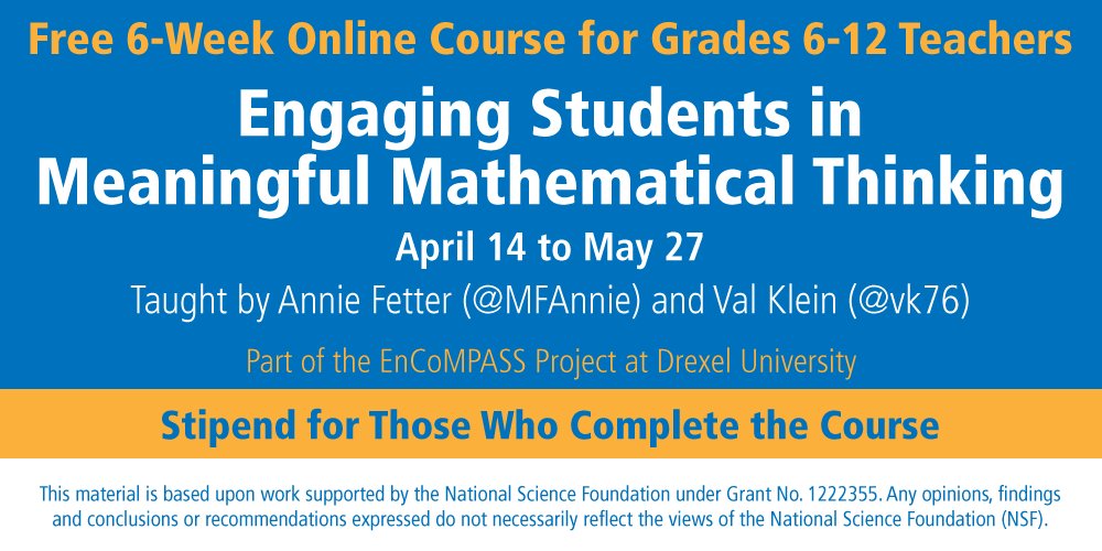 MFAnnie's tweet image. Hey #MTBoS #ITeachMath #NoticeWonder folks! I'm teaching a free online problem solving course and we have slots open. In addition to being fun, there is a generous stipend. Join us? goo.gl/forms/sOkyebcw… for more. #MSMathChat #ElemMathChat @maxrayriek @SuMACzanne @vk76