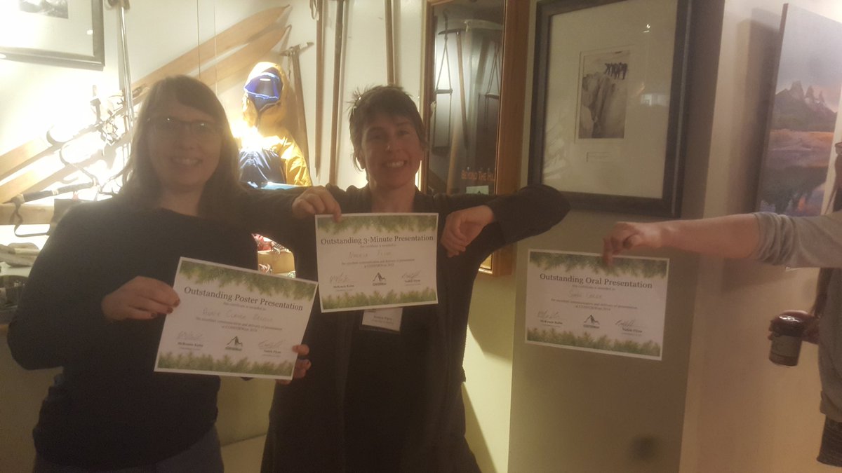 CONFORWest's tweet photo. We had some really exciting talks this year! Here are our presentation winners for #CONFOR2018: Annie (poster), Nadele (3 min), and Shane (15 min) https://t.co/qlZScEFrb3
