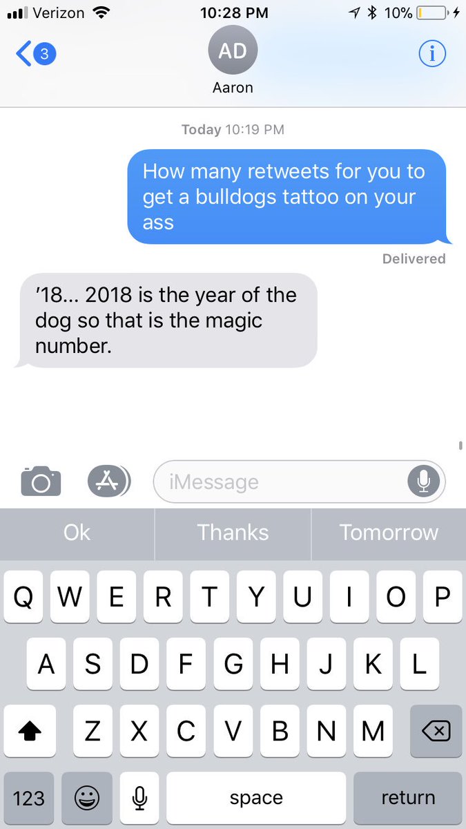 KodieEuerle's tweet photo. 18 retweets and @aarondudaa will Get a bulldogs tattoo on his ass. Make it happen people! https://t.co/SBMOCuMY4x