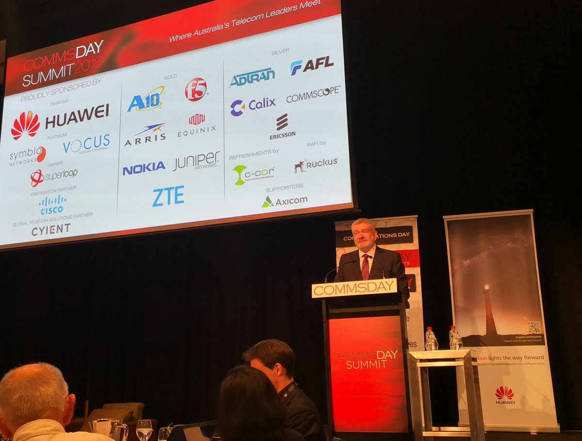 HuaweiOZ's tweet photo. Minister for Communications speaking on the future of Australian telecommunications. #5G #CommsDaySummit https://t.co/hdE6ov1xZ4