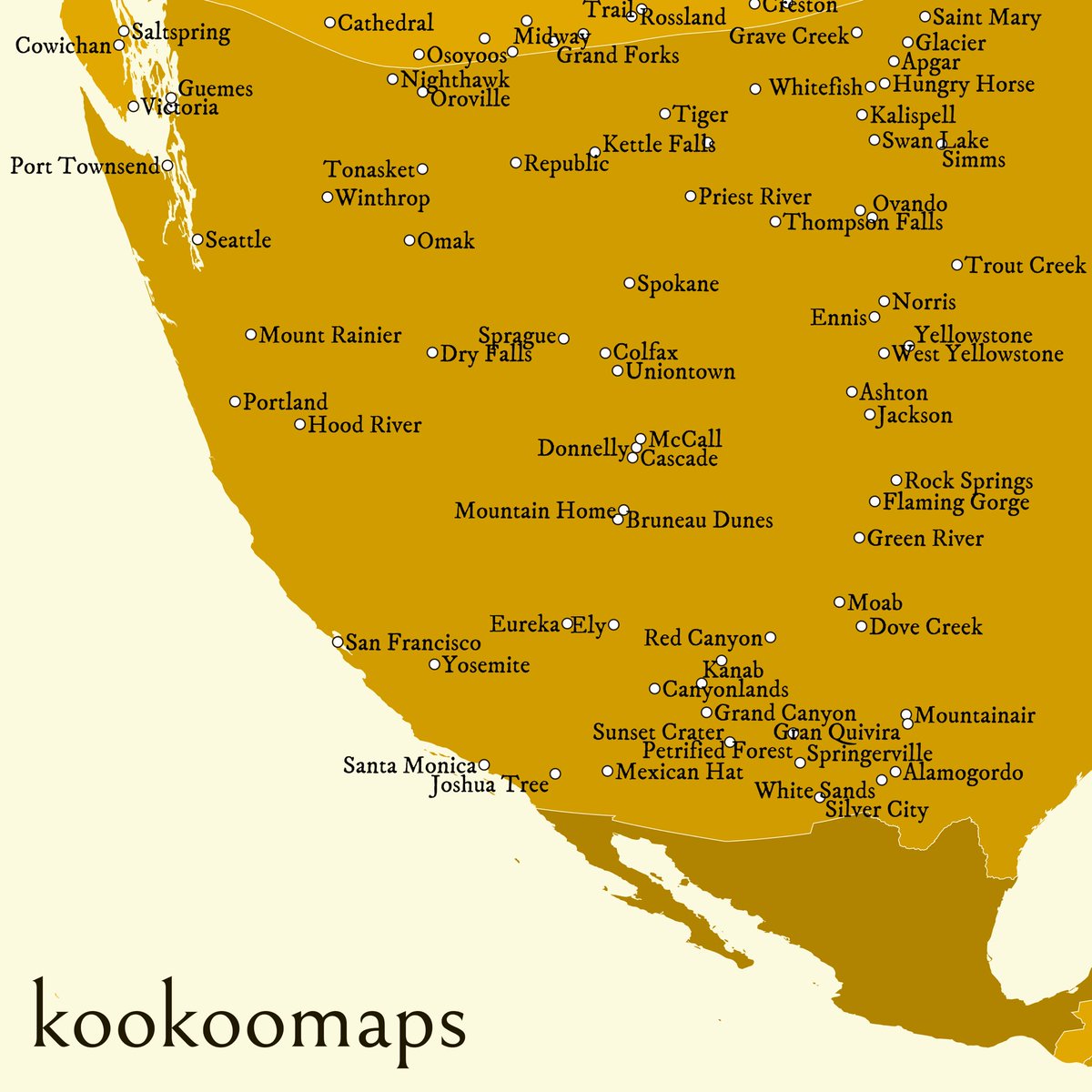 kookoomaps's tweet photo. Places I've been in #America. Go to https://t.co/LWdOZ4r898 to make a weird and wonderful map of _your_ world! #Idaho #Montana #Oregon #Wyoming #Nevada #Utah #Colorado #Arizona #NewMexico #worldmap #map #maps #mapart #visualization #cartography #custommade #custommap #kookoomaps https://t.co/l8PE0Snxjs