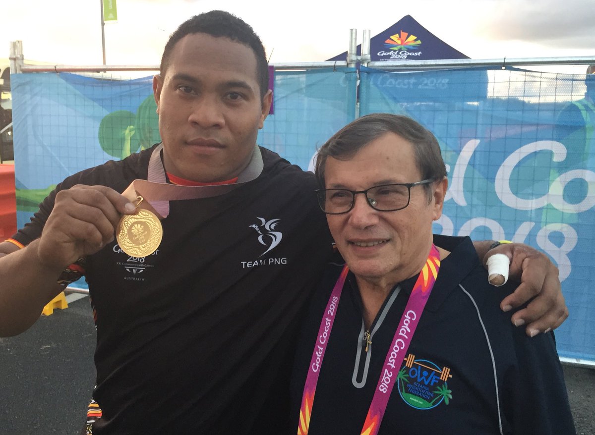 richarde59's tweet photo. #OceaniaWeightlifting ‘s dynamic duo! #TeamPNG @GC2018 Gold medalist #StevenKari with mentor #PaulCoffa. It’s Paul’s 100th #CommGames medal as a coach! Amazing !! @radioaustralia @PacificGames https://t.co/AbK3nbc102