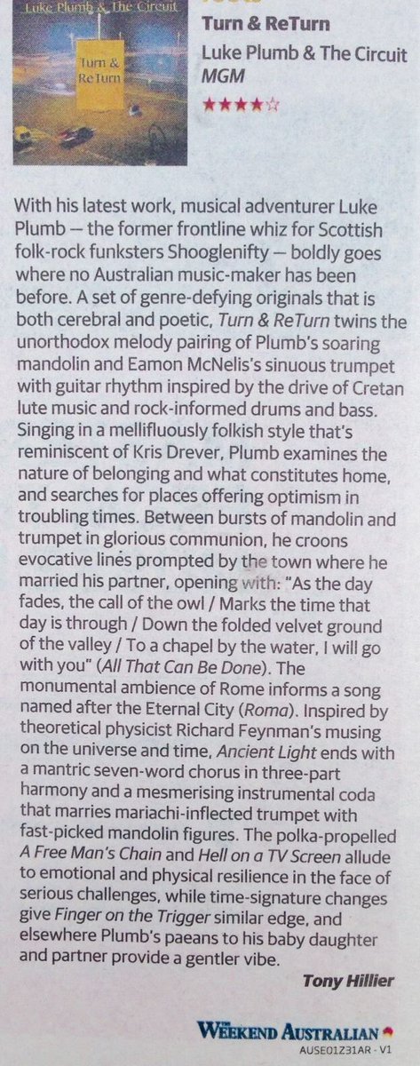 Wonderful review from @TonyHillier1 <a href="/australian/">The Australian</a>

 "...boldly goes where no Australian music maker has been before. A set of genre-defying originals that is both cerebral and poetic”. 

#TurnandReturn #LukePlumb #TheCircuit