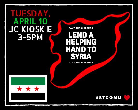 GMU_STC's tweet photo. Please, come out THIS Tuesday to donate some of your time to enlighten yourselves on the tragic topic of Syria.💚❤️🖤 #stcgmu https://t.co/VfXU6fHnXl