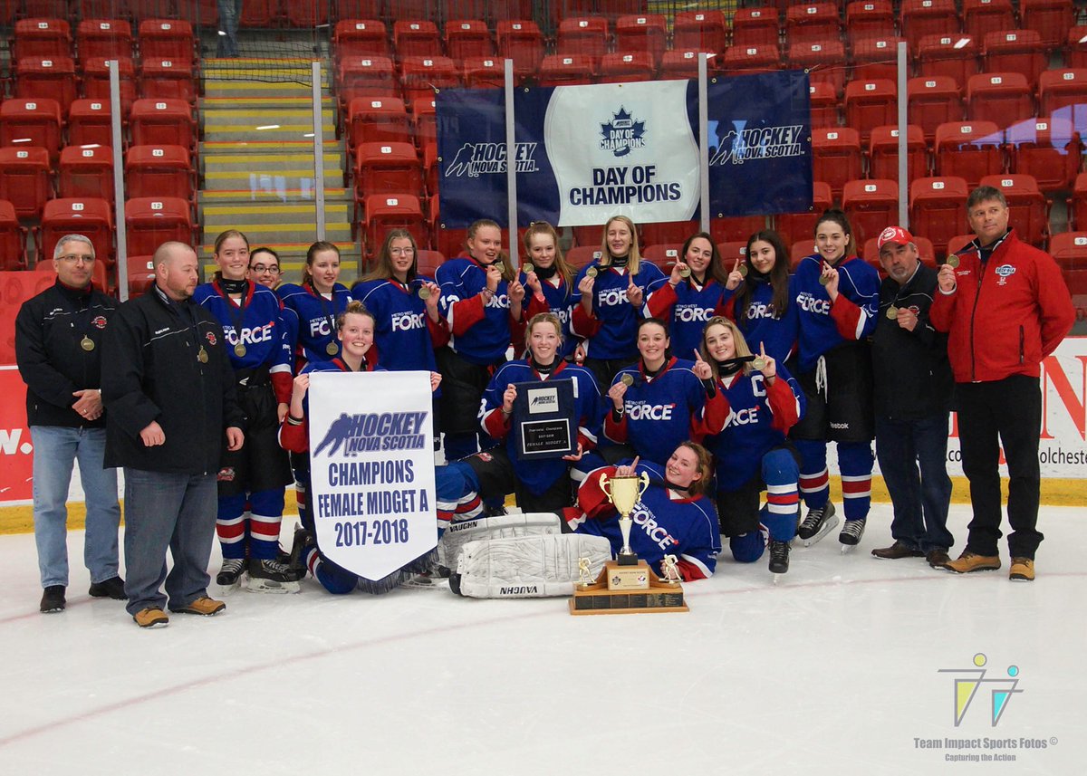 HockeyNS's tweet photo. DAY OF CHAMPIONS: Big congrats to the Metro West Force Blue on a 5-1 win over the Cape Breton Miners to win the Female Midget A title! They are your 2017-18 Female Midget A champs! #nsproud https://t.co/CaDTkIMI4v