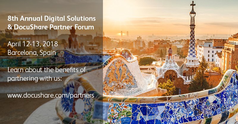 XeroxDocuShare's tweet image. Preparing to share latest #DigitalSolutions insights and trends, and best practices at our annual #DocuSharePartnerForum in Barcelona. 
bit.ly/2GdzeOo #ECM