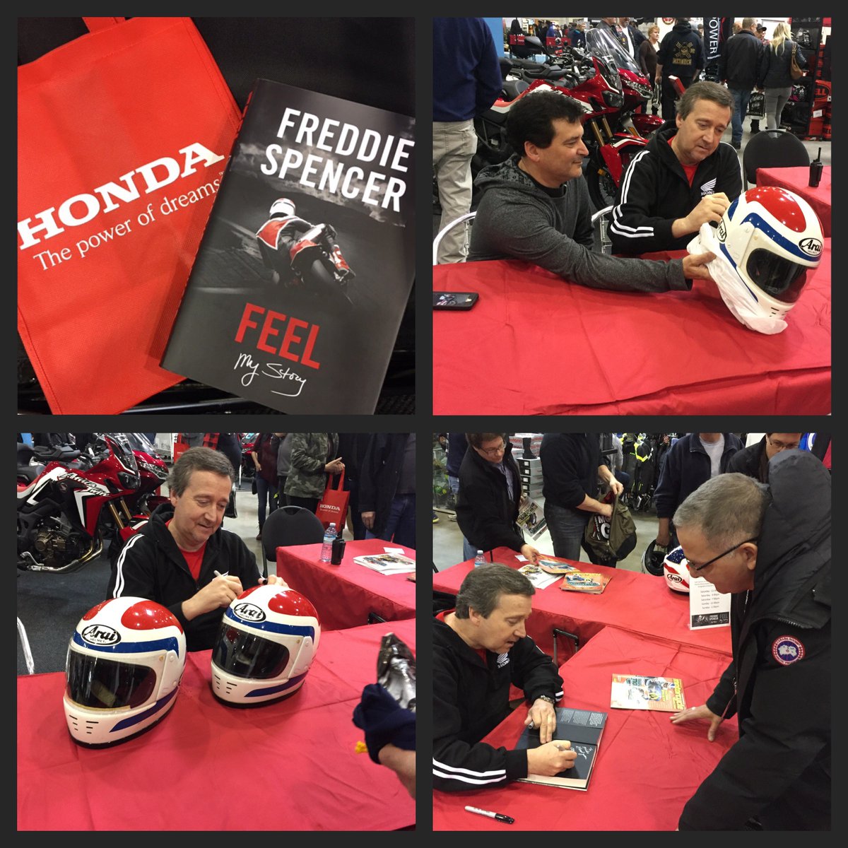 Freddiespencer's tweet photo. Great weekend with @hondamotoca #springmotorcycleshow signing Feel and some of my @araiamericas @whyarai #arai replica helmets. #honda #canada #toronto #mystory https://t.co/zOgwB0XM9n