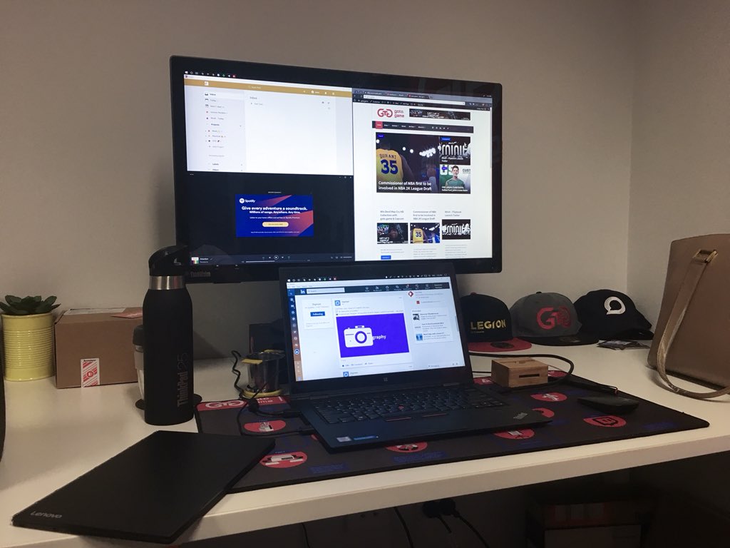 franfunayama's tweet image. I’m preeetty happy with this work setup. Thinking of whether I should go portrait on the #ThinkVision monitor instead of landscape 🤔

#ThinkPad #YogaBook