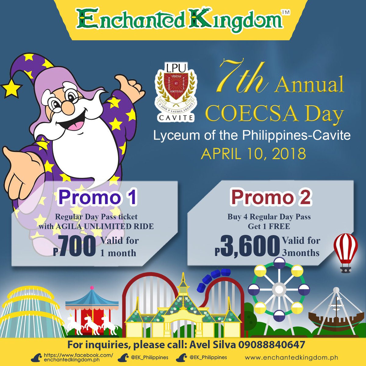 ek_philippines's tweet photo. #CatchEldar at the 7th Annual COECSA Day at Lyceum of the Philippines, Cavite on April 10, 2018! Get #EnchantedKingdom exclusive offers available only at the event. See you!โจ
#ekpromos #iloveEK https://t.co/d6CTdOm5wO