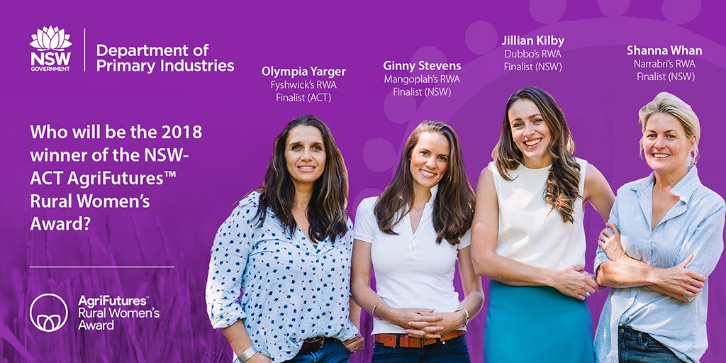 nswagriculture's tweet photo. Congratulations to the four 2018 NSW-ACT AgriFutures™ Rural Women's Award Finalists. Read their stories story https://t.co/13cO4Kiqqy. The winner will be announced tomorrow night! #RWA2018 #NSWRWN #Ruralwomen @AgriFuturesAU @Goterra_CEO @ShannaKWhan @Activefarmers @JillianKilby https://t.co/awmCW8lJx9