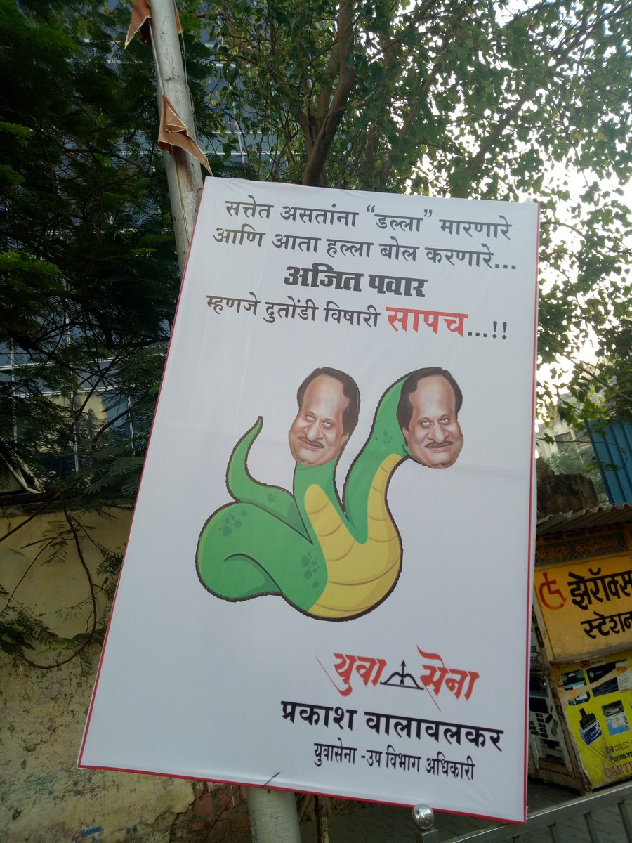 शिवसेनेला गांडूळ म्हंटल्या नंतर शिवसेनेने अजित पवार यांना दुतोंडी साप अशी उपमा देणारे पोस्टर लावले..