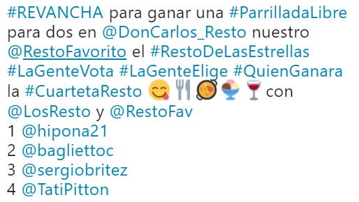 JulioDeAlmagro's tweet photo. #REVANCHA para ganar una #ParrilladaLibre para dos en @DonCarlos_Resto nuestro @RestoFavorito el #RestoDeLasEstrellas #LaGenteVota #LaGenteElige #QuienGanara 😋🍴🥘🍨🍷con @LosResto y @RestoFav 1 @hipona21 2 @bagliettoc 3 @sergiobritez 4 @TatiPitton -> https://t.co/vuHpVZzj1Q https://t.co/GTecS2SUci