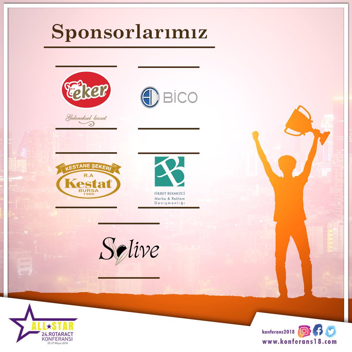 24. Rotaract Konferansında bizden desteklerini esirgemeyen sponsorlarımıza teşekkür ederiz ! 
#konferans2018 #konferans18 #allstar #niluferrotaract #didim #konferansallstar  #allstar2018 #eker #bico #kestat #fikretbekmezcimarkadanışmanlığı #solive