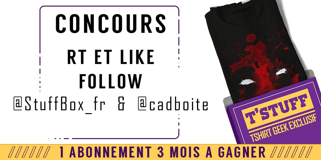 NathieuVanBowl's tweet photo. 😍 #CONCOURS gagne trois #tshirt exclusif !

Trois mois d’abonnement au T’stuff offert par @StuffBox_fr !

Découvre l’offre ici ▶️https://t.co/WfVHIIxrYi

✅ Pour participer au concours
  #RT + #LIKE + #Follow
@StuffBox_fr et @cadboite 😜

🗓 Tas  27/04/2018 🕘 Concours FR only https://t.co/yBwMA29uxv