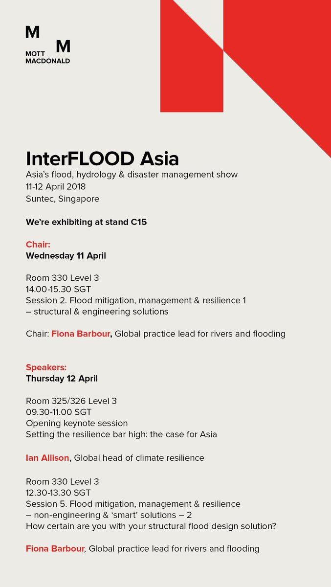 MottMacDonald's tweet image. Going to #InterFLOOD Asia? Find us at stand C15 to discuss #floodmanagement with our team of experts. Ian Allison, our global head of #climateresilience and Fiona Barbour, our global practice leader for rivers and #flooding will be speaking at the event mottm.ac/2uRWhx5