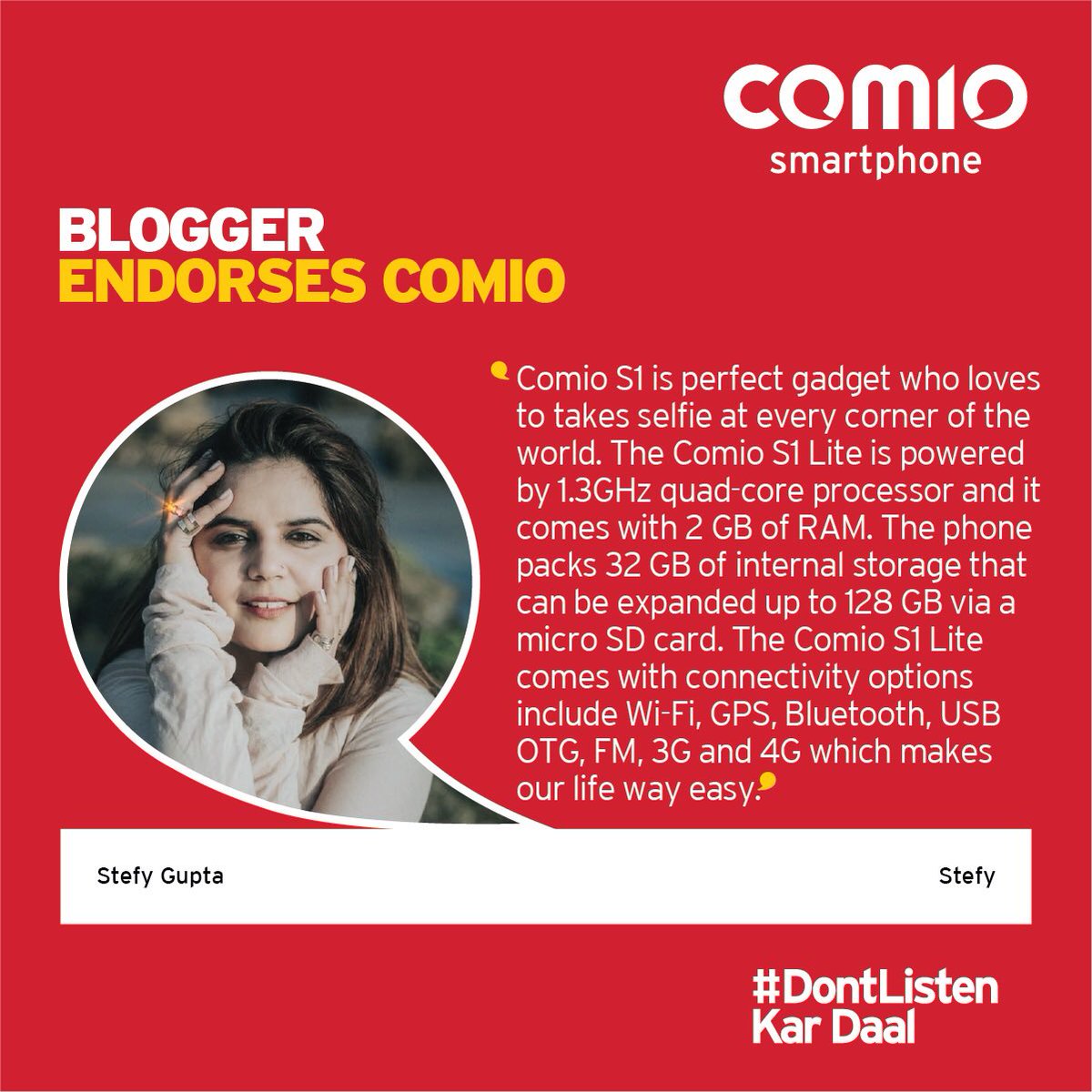 COMIO_IN's tweet photo. The delhite fashion blogger @STEFYGUPTA  is absolutely in love with powerful features of Comio S1 Lite. Check out her review! #ComioS1Lite #PowerToFlaunt #DontListen Kar Daal https://t.co/KeoFpu7SJR