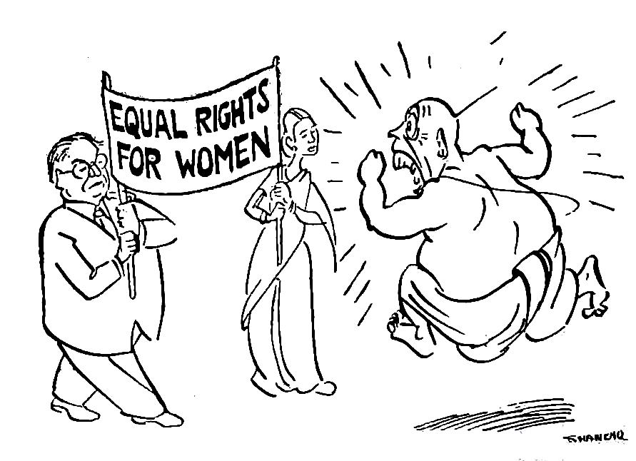 5) A Brahmin frightened seeing Dr Ambedkar and a woman marching with a banner equal rights for women.Drawn by Cartoonist Shankar during the Hindu code bill debate, from Shankar’s weekly, Jan 1950.