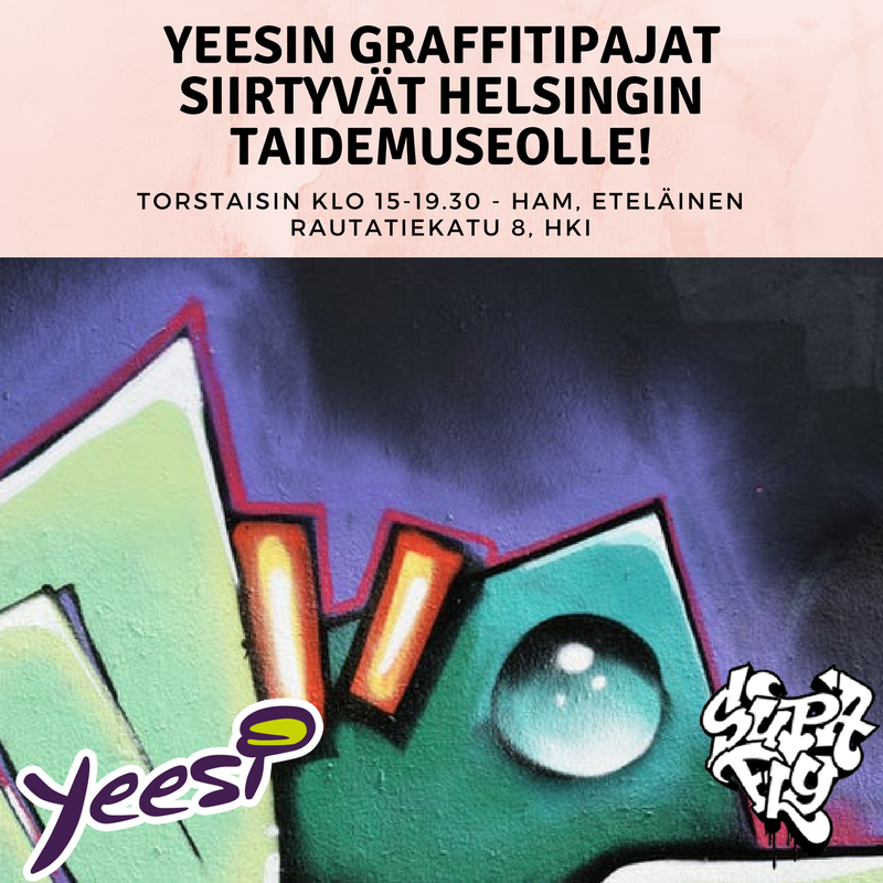 yeesaamaan's tweet photo. Yeesin ja @supaflynet graffitipajat siirtyvät @HAMHelsinki n tiloihin tällä viikolla! Päästään osaksi #Graffiti-päänäyttelyä - super!! Pajat ovat joka torstai klo 15-19.30, tuu paikalle milloin haluat. 13-29-vuotiaille nuorille avoimia ja maksuttomia. Nähdään torstaina! https://t.co/W0cgmfC0TJ