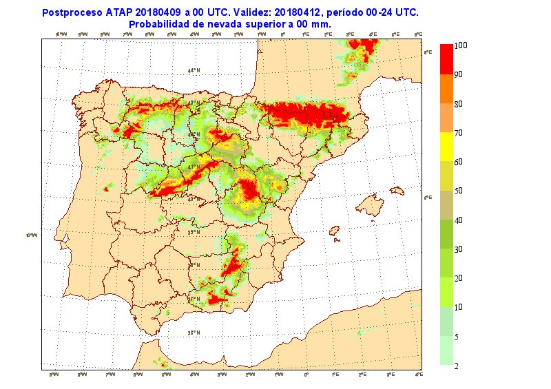 PrepperEspana's tweet photo. RT AEMET_SINOBAS: Vuelve la nieve. Estos son los mapas de probabilidad de nevadas (IFS) para estos próximos días. https://t.co/CAGDhYg57u