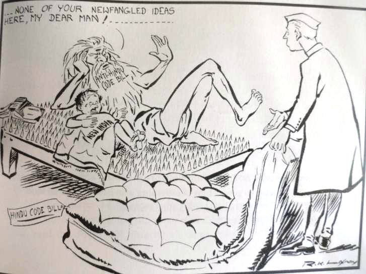 7) A cartoon by RK Laxman, Feb 1950Nehru urges a Hindu Monk (anti Hindu code Bill protester) to accept the Hindu Code Bill, while the small Child (New India) cries.