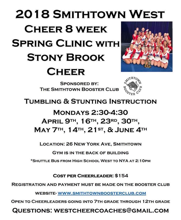 spring clinics with sbu cheer start tomorrow!! don’t forget to register, and a bus will be bringing cheerleaders to the clinics straight from school #whatoffseason 💪🏼💙