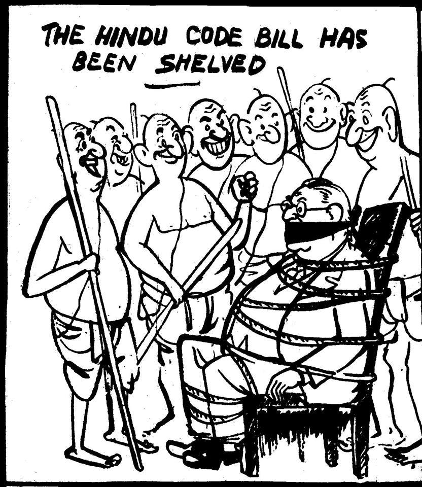 8) Cartoon showing Dr. Ambedkar tied to a chair with a thick rope by a group of angry Brahmins holding sticks in their hands.Cartoon published on September 30, 1951 in 'The Leader news paper, drawn by Oommen. Cartoon shows the defeat of the Hindu Code Bill in the Parliament.