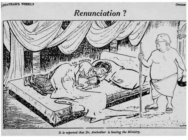 9) Cartoon showing Dr Ambedkar's decision to resign from Law Ministry over the failure to implement the Hindu Code Bill.Cartoon from Shankar's Weekly, October 7, 1951.