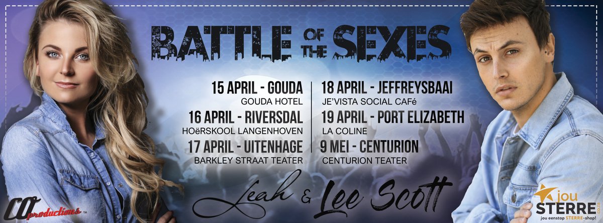 CO_Productions's tweet photo. Het jy al jou sitplek bespreek vir die hierdie lekker BATTLE OF THE SEXES produksie met @LeahMusiekSA en @LeeScottMusic wat binnekort die pad vat?! https://t.co/sbuUI2vUlk