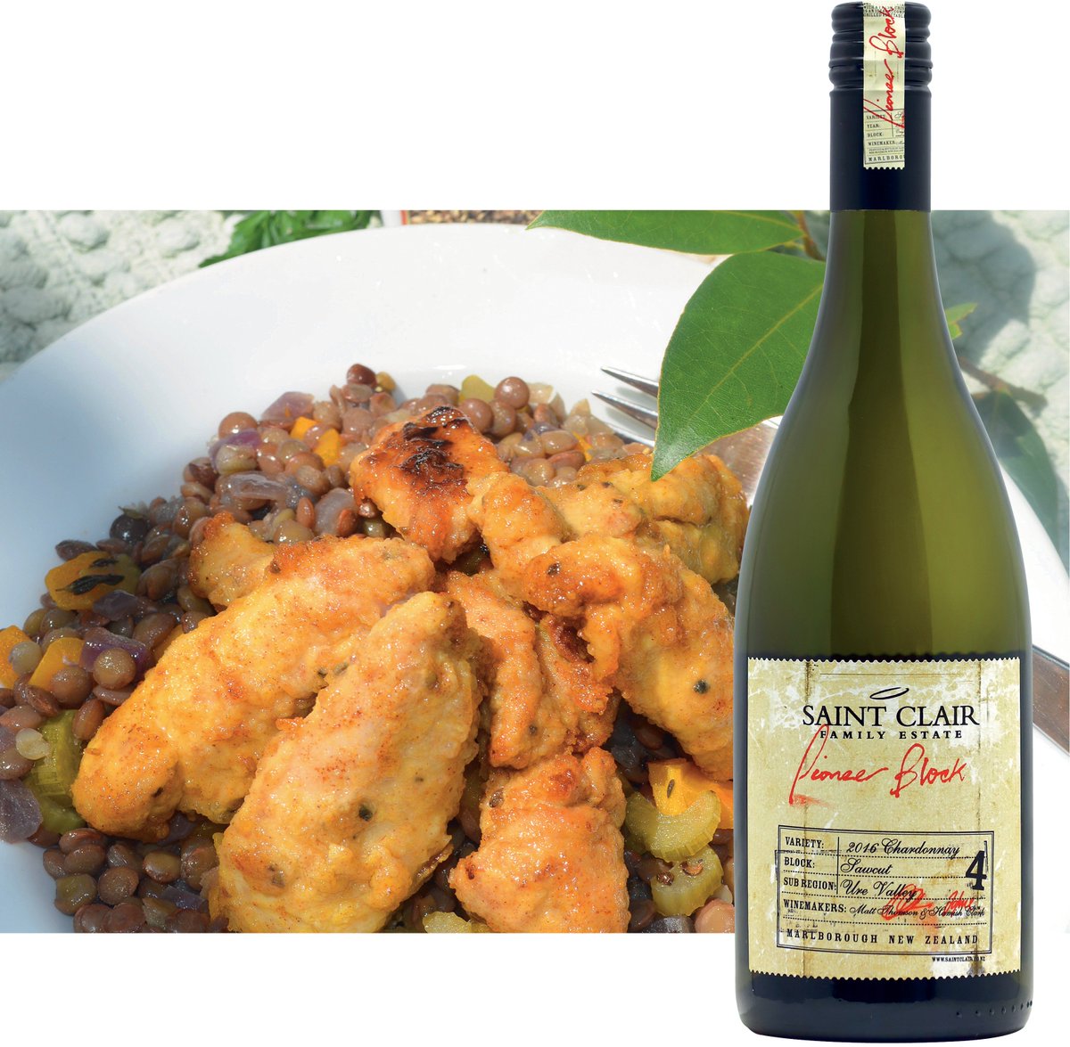 WineNZ_Magazine's tweet photo. Carpe diem? Pair the Saint Clair Pioneer Block 4 Sawcut Chardonnay 2016 with harissa/yoghurt-marinated chicken on braised lentils and you'll be saying carpe vinum! right along with us. 🍾 #WineNZMagazine #wellmatched #saintclairwine #chardonnay #foodandwine #foodandwinematch https://t.co/QTXyvr1hRn