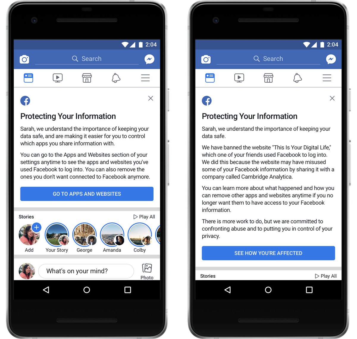 DaveLeeBBG's tweet photo. Just waking up in the UK? From around noon you'll see one of these two messages when you go on Facebook. If you get the one on the right, it means you were one of the 1m-or-so British-based users apparently scooped up by Cambridge Analytica https://t.co/HdGMOZn3iX