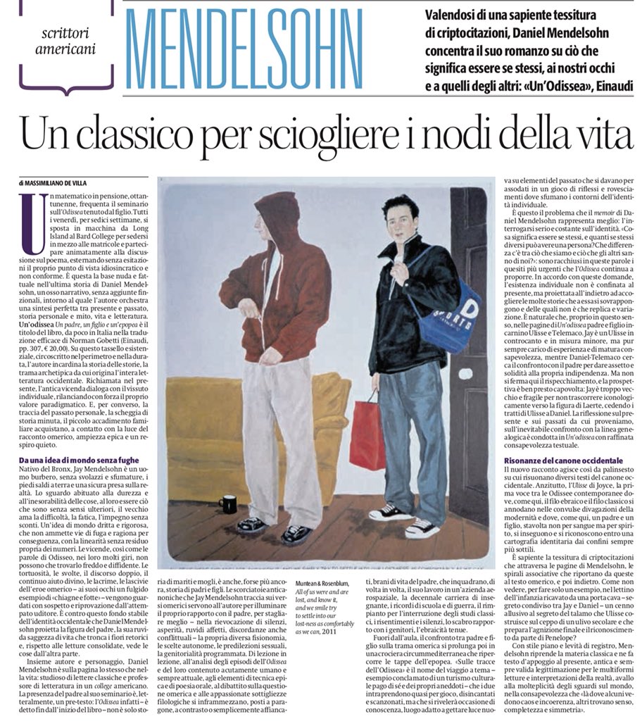 Le riflessioni di un pensionato matematico ottantenne.
Un viaggio di ritorno alle proprie origini, un’Odissea moderna
Il nuovo romanzo dello scrittore americano di origine ebraica Daniel Mendelsohn
da Massimiliano De Villa, <a href="/ilmanifesto/">il manifesto</a>-Alias domenica