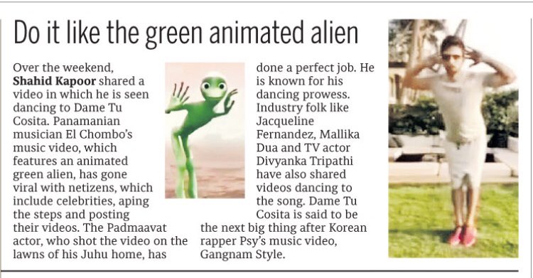 shahidkapoorFC's tweet photo. PRINT ( Mid-Day ) - Do it like the green animated Alien : https://t.co/Q3FAKbaTdG 
@shahidkapoor ❤️😍 💃 #DanceWithAlien https://t.co/0bSBqSUeIl