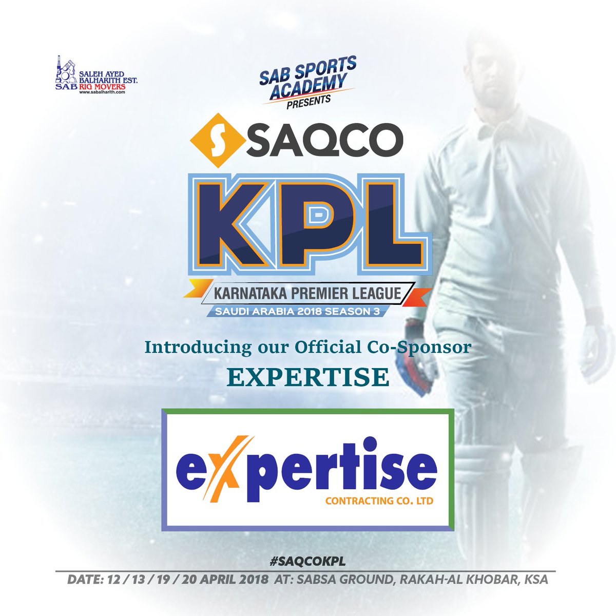 SabSports's tweet photo. Introducing our Official Co-Sponsor @Expertindus
#SabSports Academy Presents, #SAQCO KPL Ses 3 KSA. Powered by #WhiteStone Co-Sponsored by #Al-Muzain #Allianz #AlFalah @Expertindus https://t.co/qhtOWxXuSD