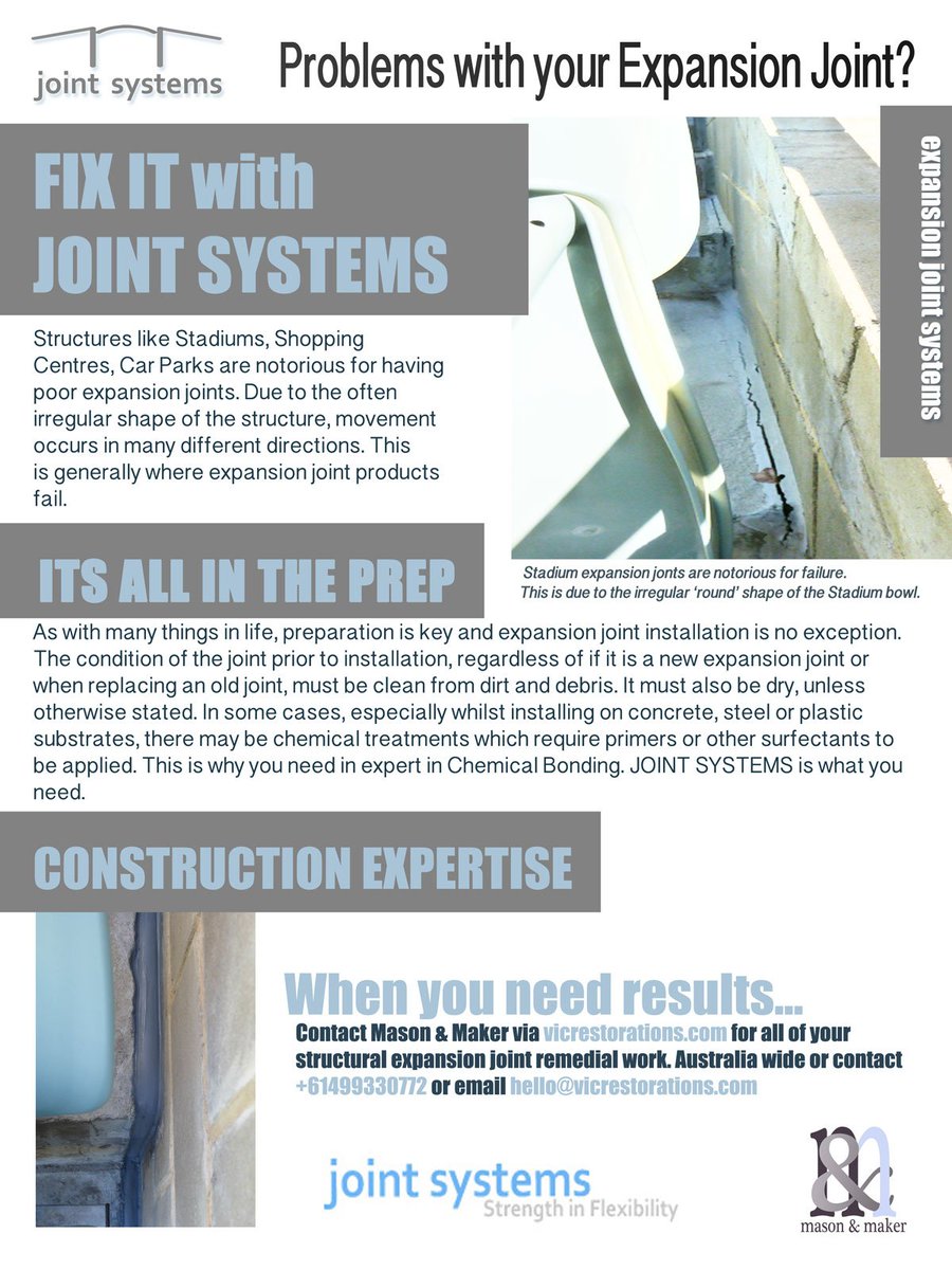 masonandmaker's tweet photo. For your all your structural expansion joint remedial repair works, contact @masonandmaker, a #jointsystems preferred installer. #expansionjoints #stadiums #repair #carpark #sealing #waterproofing #construction #sealants #firerating #structuralmaintenance
https://t.co/1XWvEcz752 https://t.co/FTfRT4Sznm