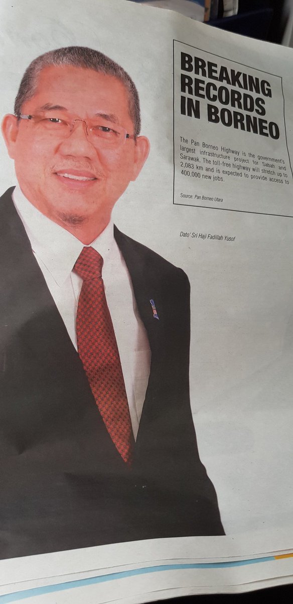 Dengan panjang sebanyak 2083 km, Lebuhraya sifar tol Pan Borneo dan merentasi Sabah - Sarawak bakal menyediakan 400 ribu pekerjaan baru. Syabas <a href="/PetraJayaMP/">Fadillah Yusof 🇲🇾</a> <a href="/NajibRazak/">Mohd Najib Tun Razak</a> <a href="/Zahid_Hamidi/">Zahid Hamidi</a> <a href="/Rosnah_ARS/">Rosnah Shirlin</a> <a href="/DrAliHamsa/">Ali Hamsa #YNWA</a> <a href="/MOWorks/">でやんす</a> <a href="/JKRMalaysia/">JKR Malaysia</a> 🇲🇾❤