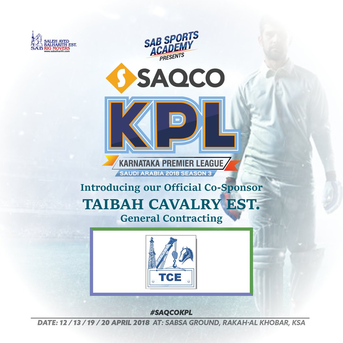 SabSports's tweet photo. Introducing our Official Co-Sponsor #TaibahCavalryEst.
#SabSports Academy Presents, #SAQCO KPL Ses 3 KSA.
Powered by #WhiteStone Co-Sponsored by #Al-Muzain #Allianz #AlFalah #Expertindus #TaibahCavalryEst. https://t.co/FNKhHzwjeI