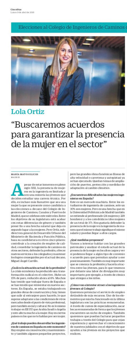 Agradecemos el interés de <a href="/mme_mus/">María Matos Elices</a> y <a href="/CincoDiascom/">CincoDiascom</a>. En esta entrevista defendemos más empleo y de calidad para los ICCP, la equiparación salarial e incorporación de la mujer a la profesión, consolidar la ingeniería en otros sectores y ofrecer nuevos servicios a colegiados.