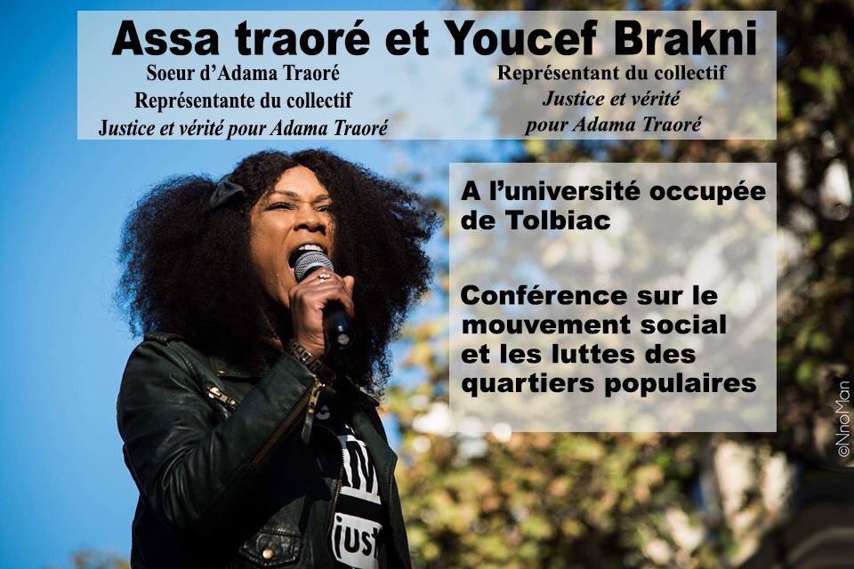 Ce soir à Tolbiac "Conférence sur le mouvement social et les luttes des Quartiers populaires".  facebook.com/events/1892353… #JusticePourAdama