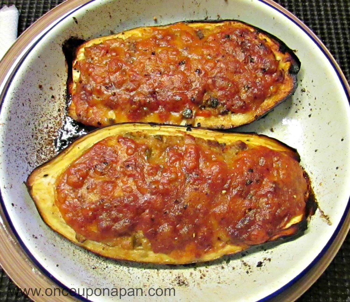 "STUFFED AUBERGINES - A very popular dish in Malta - 
For more recipes: visit the blog - onceuponapan.com 
Recipe here - onceuponapan.com/stuffed-auberg…