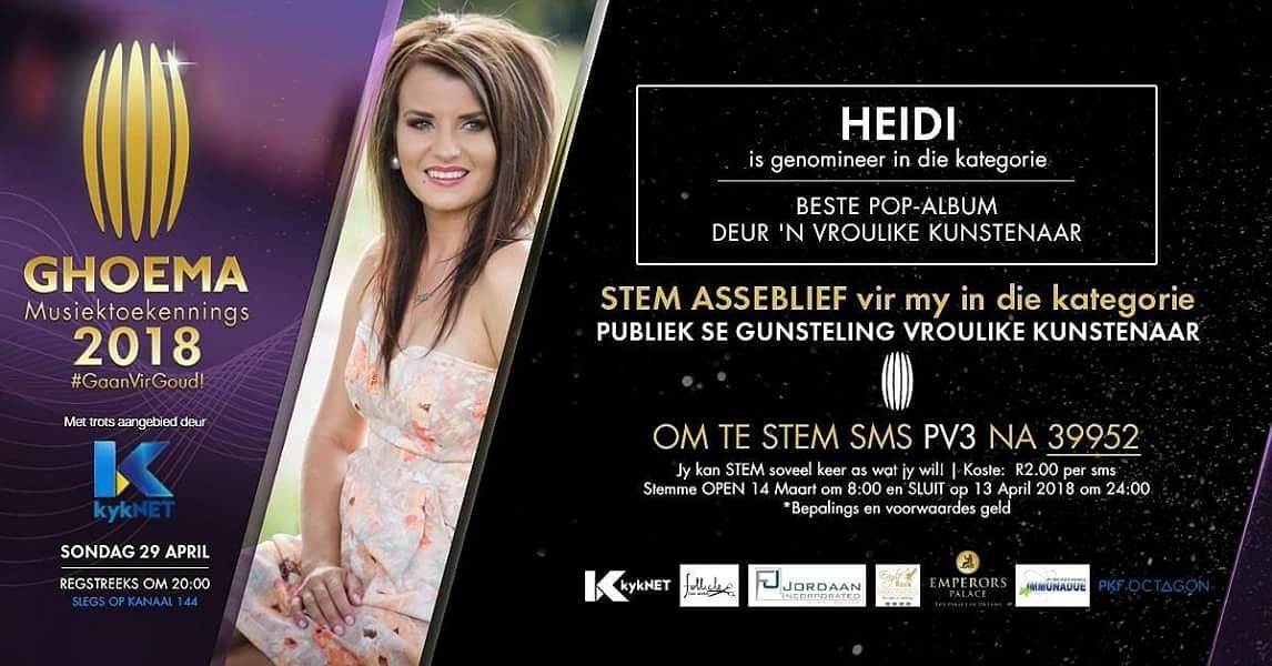 heidi__artist's tweet photo. Vrinne, sal jy ASB so gaaaaaaf wees om vir my stem in die afdeling π 'Publiek se Gunsteling Vroulike Kunstenaar' vir die @kykNETtv @Ghoema2018
Om te stem SMS - PV3 na 39952 π²
Uit my β₯οΈ uit, DANKIE π
#GaanVirGoud #ShareAsb #StemASB #Heidi #WatnHartLaatLag #BestePopAlbum https://t.co/ph5Moe5tR9